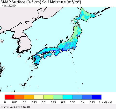 Japan SMAP Surface (0-5 cm) Soil Moisture (m³/m³) Thematic Map For 5/11/2024 - 5/15/2024