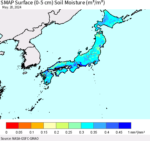 Japan SMAP Surface (0-5 cm) Soil Moisture (m³/m³) Thematic Map For 5/16/2024 - 5/20/2024