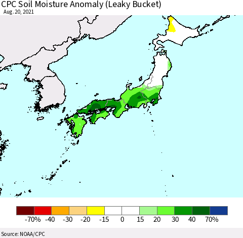 Japan CPC Soil Moisture Anomaly (Leaky Bucket) Thematic Map For 8/16/2021 - 8/20/2021