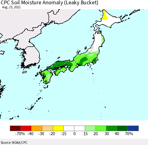 Japan CPC Soil Moisture Anomaly (Leaky Bucket) Thematic Map For 8/21/2021 - 8/25/2021