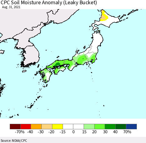 Japan CPC Soil Moisture Anomaly (Leaky Bucket) Thematic Map For 8/26/2021 - 8/31/2021