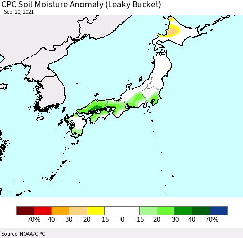 Japan CPC Soil Moisture Anomaly (Leaky Bucket) Thematic Map For 9/16/2021 - 9/20/2021