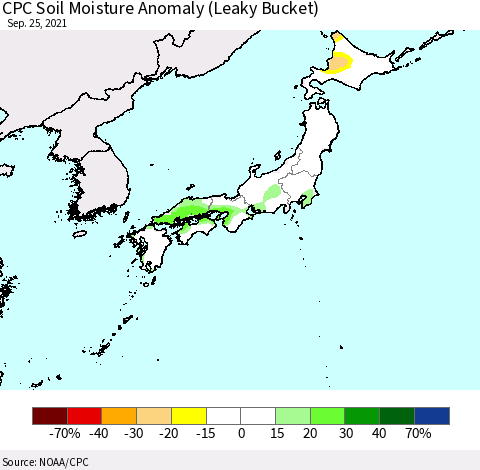 Japan CPC Soil Moisture Anomaly (Leaky Bucket) Thematic Map For 9/21/2021 - 9/25/2021