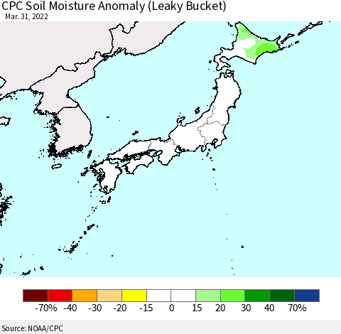 Japan CPC Soil Moisture Anomaly (Leaky Bucket) Thematic Map For 3/26/2022 - 3/31/2022