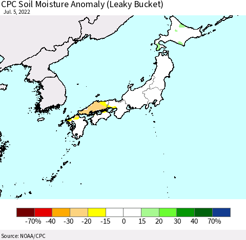 Japan CPC Soil Moisture Anomaly (Leaky Bucket) Thematic Map For 7/1/2022 - 7/5/2022