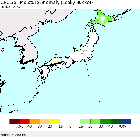 Japan CPC Soil Moisture Anomaly (Leaky Bucket) Thematic Map For 3/26/2023 - 3/31/2023