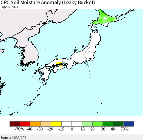 Japan CPC Soil Moisture Anomaly (Leaky Bucket) Thematic Map For 4/1/2023 - 4/5/2023