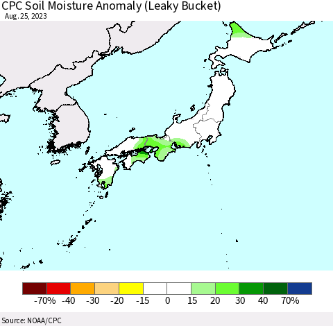 Japan CPC Soil Moisture Anomaly (Leaky Bucket) Thematic Map For 8/21/2023 - 8/25/2023