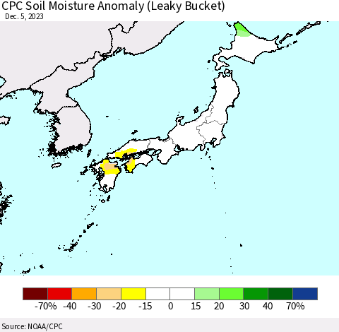 Japan CPC Soil Moisture Anomaly (Leaky Bucket) Thematic Map For 12/1/2023 - 12/5/2023