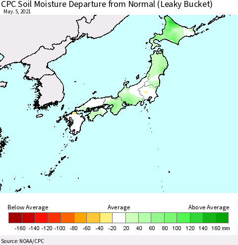 Japan CPC Soil Moisture Departure from Normal (Leaky Bucket) Thematic Map For 5/1/2021 - 5/5/2021