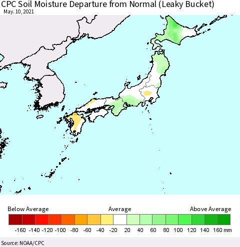 Japan CPC Soil Moisture Departure from Normal (Leaky Bucket) Thematic Map For 5/6/2021 - 5/10/2021