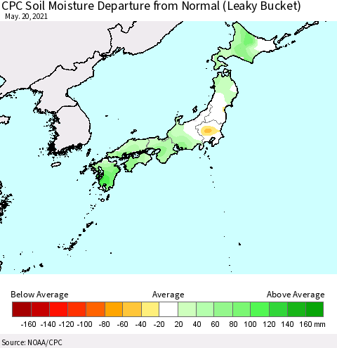 Japan CPC Soil Moisture Departure from Normal (Leaky Bucket) Thematic Map For 5/16/2021 - 5/20/2021