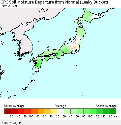 Japan CPC Soil Moisture Departure from Normal (Leaky Bucket) Thematic Map For 5/21/2021 - 5/25/2021