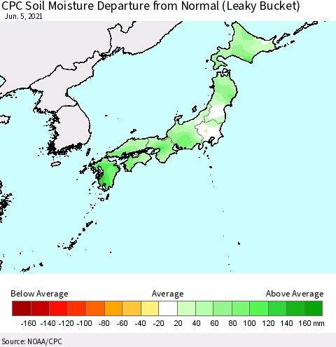 Japan CPC Soil Moisture Departure from Normal (Leaky Bucket) Thematic Map For 6/1/2021 - 6/5/2021