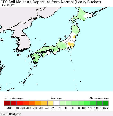 Japan CPC Soil Moisture Departure from Normal (Leaky Bucket) Thematic Map For 6/11/2021 - 6/15/2021