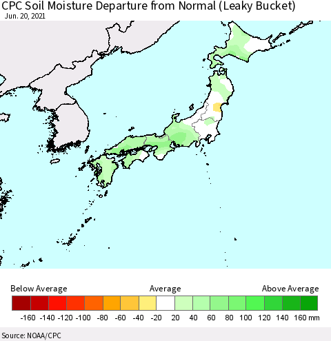 Japan CPC Soil Moisture Departure from Normal (Leaky Bucket) Thematic Map For 6/16/2021 - 6/20/2021