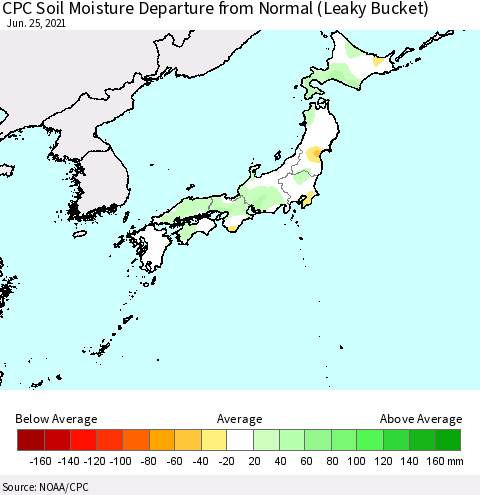 Japan CPC Soil Moisture Departure from Normal (Leaky Bucket) Thematic Map For 6/21/2021 - 6/25/2021