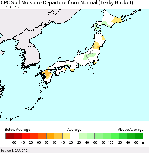 Japan CPC Soil Moisture Departure from Normal (Leaky Bucket) Thematic Map For 6/26/2021 - 6/30/2021