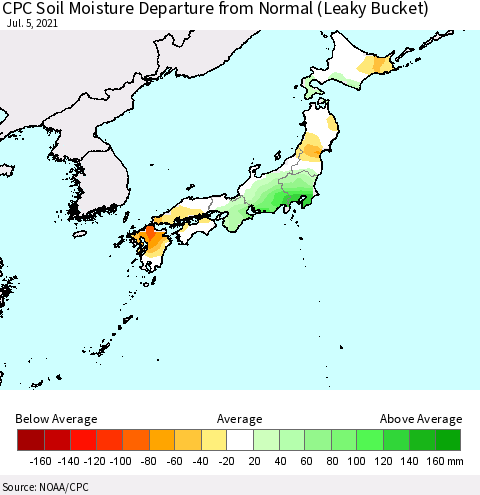 Japan CPC Soil Moisture Departure from Normal (Leaky Bucket) Thematic Map For 7/1/2021 - 7/5/2021