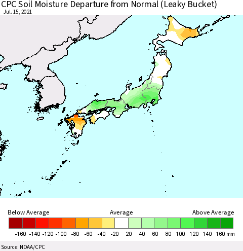 Japan CPC Soil Moisture Departure from Normal (Leaky Bucket) Thematic Map For 7/11/2021 - 7/15/2021