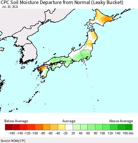 Japan CPC Soil Moisture Departure from Normal (Leaky Bucket) Thematic Map For 7/16/2021 - 7/20/2021