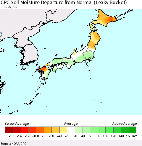 Japan CPC Soil Moisture Departure from Normal (Leaky Bucket) Thematic Map For 7/21/2021 - 7/25/2021