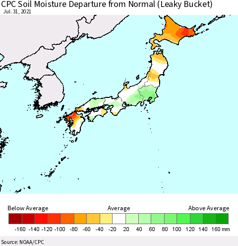 Japan CPC Soil Moisture Departure from Normal (Leaky Bucket) Thematic Map For 7/26/2021 - 7/31/2021