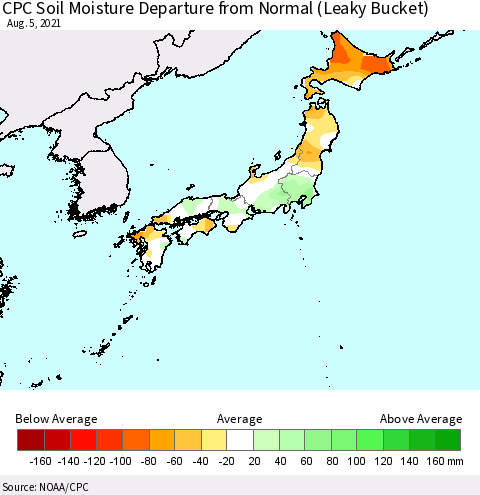 Japan CPC Soil Moisture Departure from Normal (Leaky Bucket) Thematic Map For 8/1/2021 - 8/5/2021