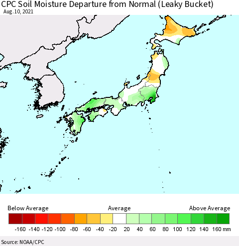 Japan CPC Soil Moisture Departure from Normal (Leaky Bucket) Thematic Map For 8/6/2021 - 8/10/2021
