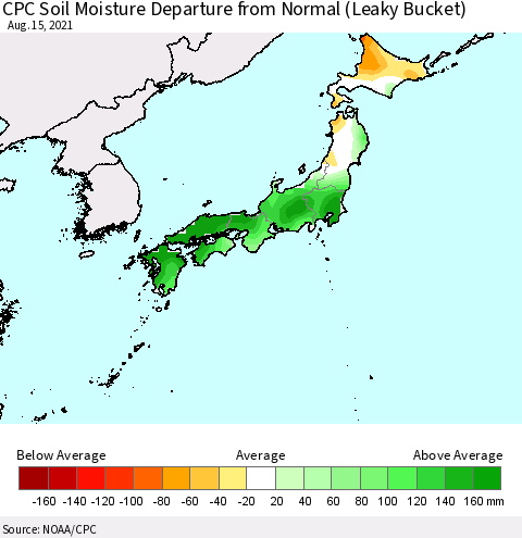 Japan CPC Soil Moisture Departure from Normal (Leaky Bucket) Thematic Map For 8/11/2021 - 8/15/2021