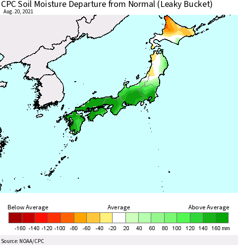 Japan CPC Soil Moisture Departure from Normal (Leaky Bucket) Thematic Map For 8/16/2021 - 8/20/2021