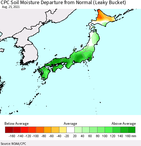 Japan CPC Soil Moisture Departure from Normal (Leaky Bucket) Thematic Map For 8/21/2021 - 8/25/2021