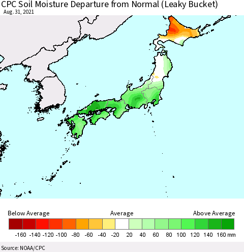 Japan CPC Soil Moisture Departure from Normal (Leaky Bucket) Thematic Map For 8/26/2021 - 8/31/2021