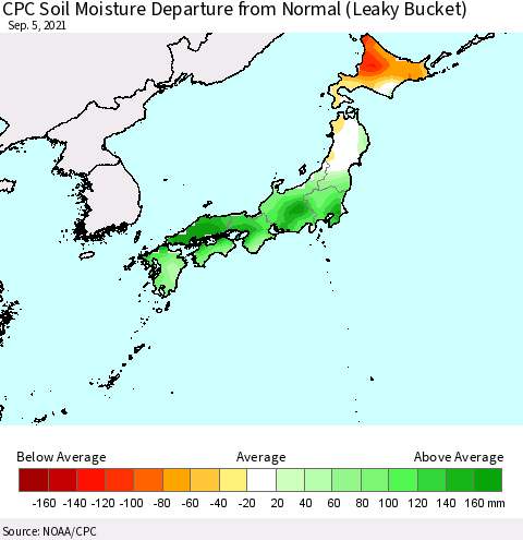 Japan CPC Soil Moisture Departure from Normal (Leaky Bucket) Thematic Map For 9/1/2021 - 9/5/2021