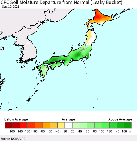 Japan CPC Soil Moisture Departure from Normal (Leaky Bucket) Thematic Map For 9/6/2021 - 9/10/2021