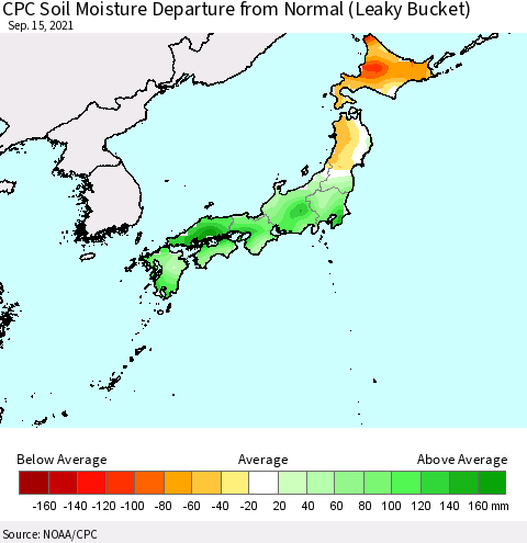 Japan CPC Soil Moisture Departure from Normal (Leaky Bucket) Thematic Map For 9/11/2021 - 9/15/2021