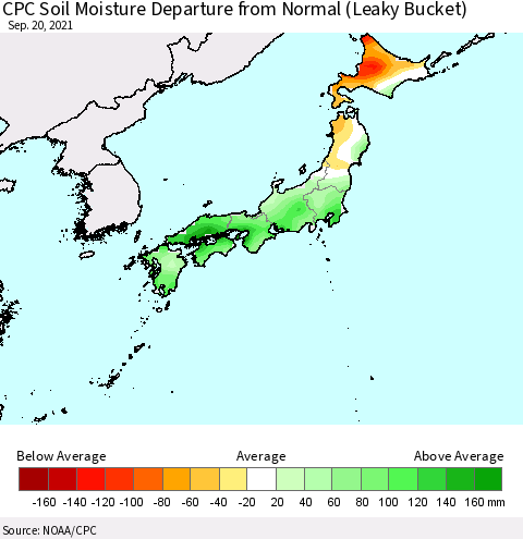 Japan CPC Soil Moisture Departure from Normal (Leaky Bucket) Thematic Map For 9/16/2021 - 9/20/2021