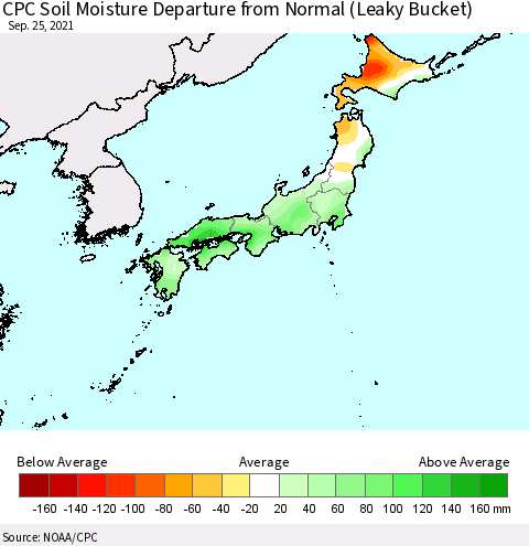 Japan CPC Soil Moisture Departure from Normal (Leaky Bucket) Thematic Map For 9/21/2021 - 9/25/2021