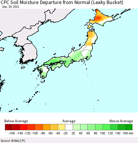 Japan CPC Soil Moisture Departure from Normal (Leaky Bucket) Thematic Map For 9/26/2021 - 9/30/2021