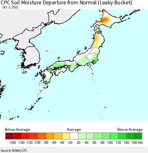 Japan CPC Soil Moisture Departure from Normal (Leaky Bucket) Thematic Map For 10/1/2021 - 10/5/2021