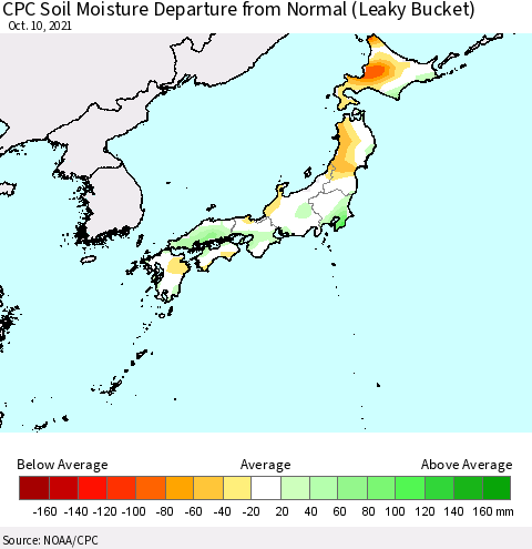 Japan CPC Soil Moisture Departure from Normal (Leaky Bucket) Thematic Map For 10/6/2021 - 10/10/2021