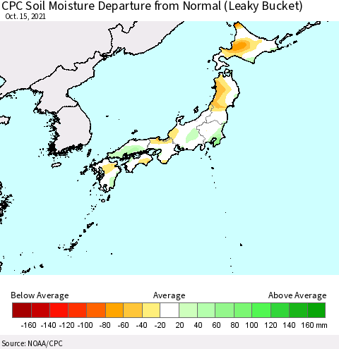 Japan CPC Soil Moisture Departure from Normal (Leaky Bucket) Thematic Map For 10/11/2021 - 10/15/2021