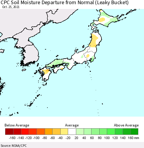 Japan CPC Soil Moisture Departure from Normal (Leaky Bucket) Thematic Map For 10/21/2021 - 10/25/2021