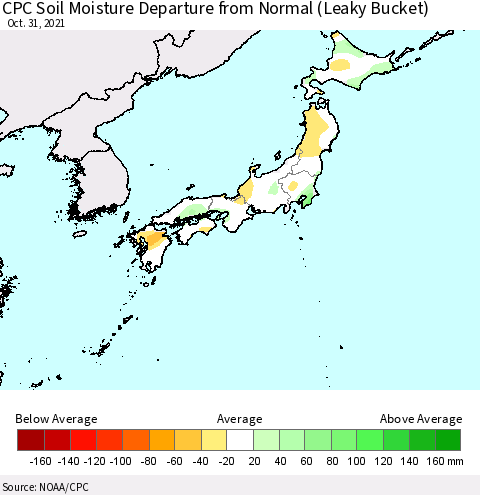 Japan CPC Soil Moisture Departure from Normal (Leaky Bucket) Thematic Map For 10/26/2021 - 10/31/2021