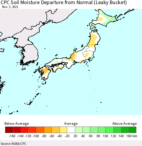 Japan CPC Soil Moisture Departure from Normal (Leaky Bucket) Thematic Map For 11/1/2021 - 11/5/2021
