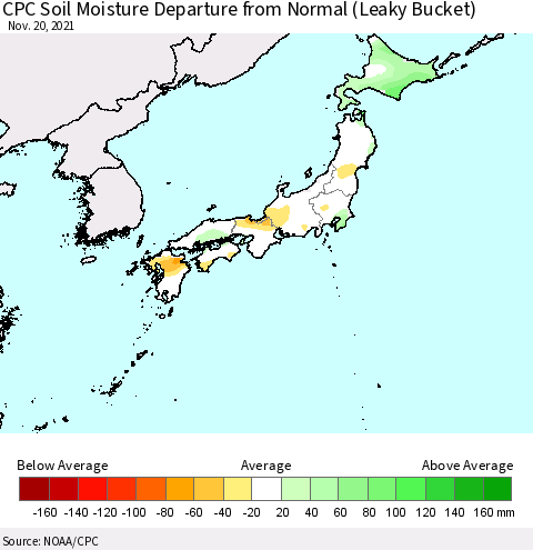 Japan CPC Soil Moisture Departure from Normal (Leaky Bucket) Thematic Map For 11/16/2021 - 11/20/2021