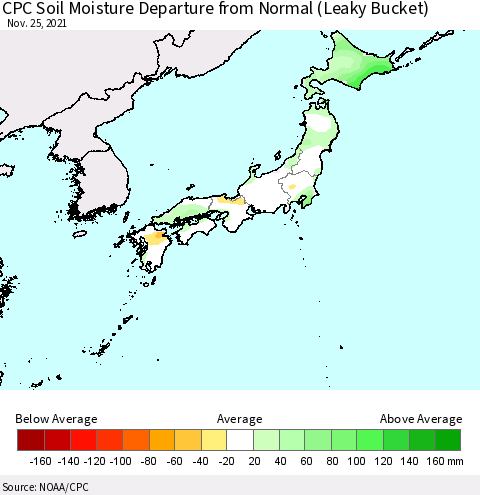 Japan CPC Soil Moisture Departure from Normal (Leaky Bucket) Thematic Map For 11/21/2021 - 11/25/2021