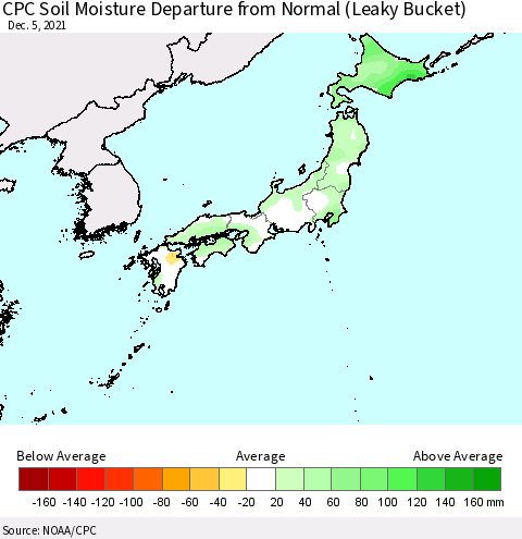 Japan CPC Soil Moisture Departure from Normal (Leaky Bucket) Thematic Map For 12/1/2021 - 12/5/2021