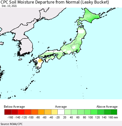 Japan CPC Soil Moisture Departure from Normal (Leaky Bucket) Thematic Map For 12/6/2021 - 12/10/2021