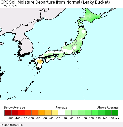 Japan CPC Soil Moisture Departure from Normal (Leaky Bucket) Thematic Map For 12/11/2021 - 12/15/2021